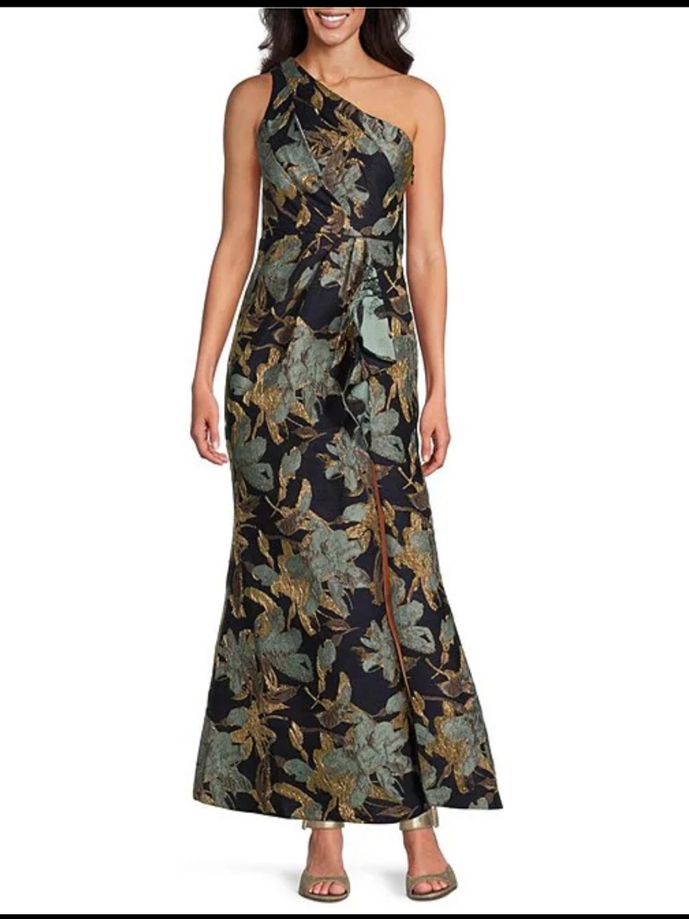 Adrianna Papell Metallic Jacquard Draped One Shoulder Mermaid Dress 6P NWT